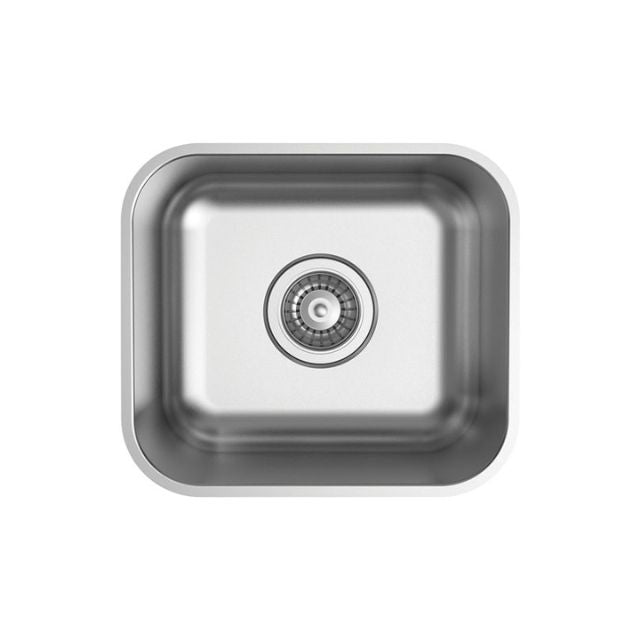 Fienza Tiva 365 single bowl stainless steel kitchen sink, top view, with centre basket waste
