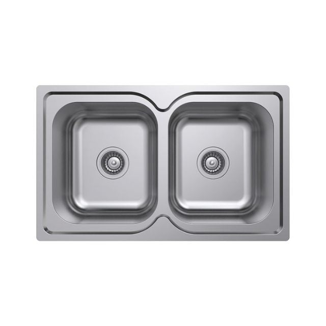 Fienza Tiva 780 double bowl topmount kitchen sink in stainless steel, top view, 780mm x 480mm