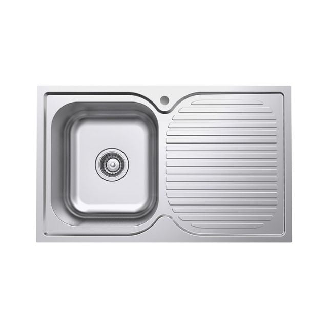 Fienza Tiva single bowl kitchen sink with left-hand drainer, stainless steel topmount, 1 tap hole, front view