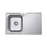 Fienza Tiva single bowl kitchen sink with left-hand drainer, stainless steel topmount, 1 tap hole, front view
