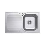 Fienza Tiva stainless steel single bowl kitchen sink with right-hand drainer and tap hole, top view