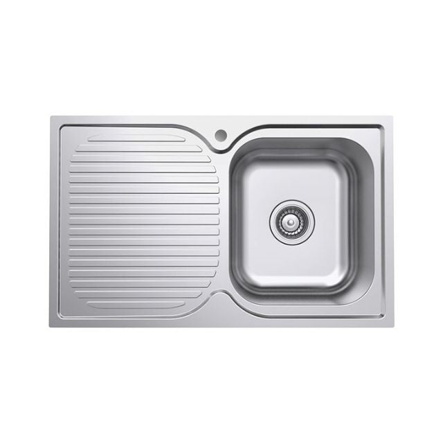 Fienza Tiva stainless steel single bowl kitchen sink with right-hand drainer and tap hole, top view