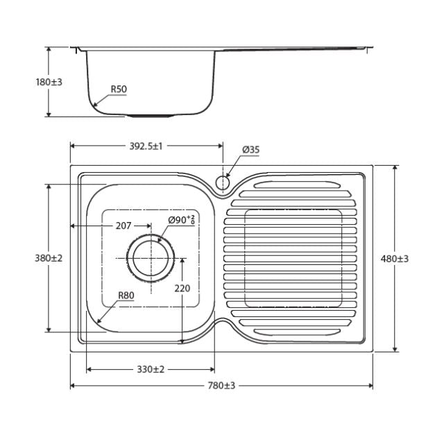 Fienza Tiva 780 stainless steel single bowl kitchen sink with drainer, technical dimension drawing, top view and side profile