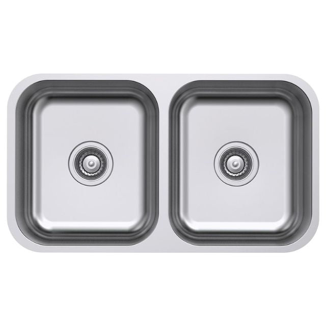Fienza Tiva stainless steel double bowl kitchen sink, top view with two square bowls and wastes