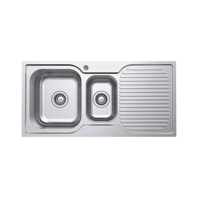 Fienza Tiva stainless steel 1.5 bowl topmount kitchen sink with drainer, one tap hole, left-hand bowl view