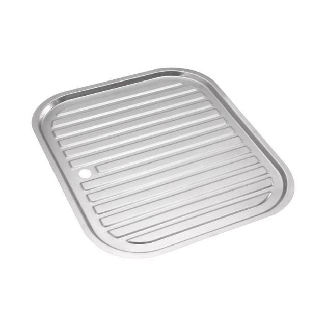 Fienza Tiva stainless steel sink drainer tray, rectangular with rounded corners, angled view on white background