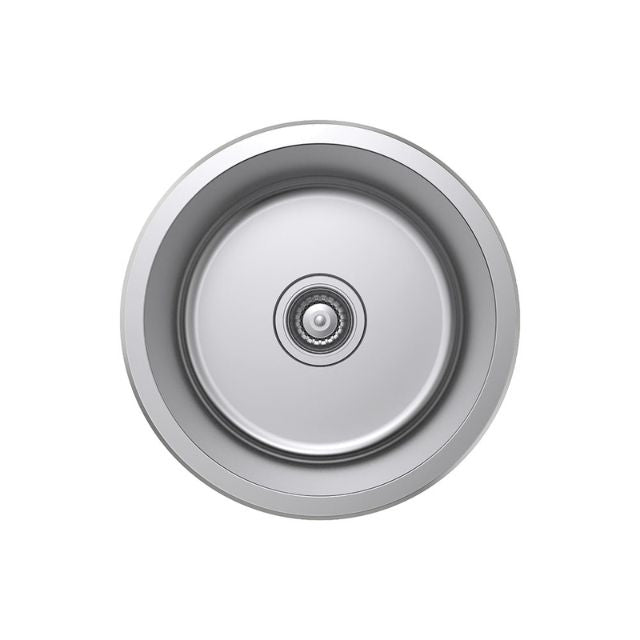 Fienza Tiva round stainless steel kitchen sink bowl, top view, 430mm, with waste outlet in centre
