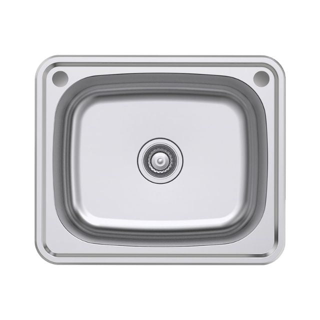 Fienza Tiva stainless steel topmount laundry sink, single bowl, 2 tap holes and centre waste, top view