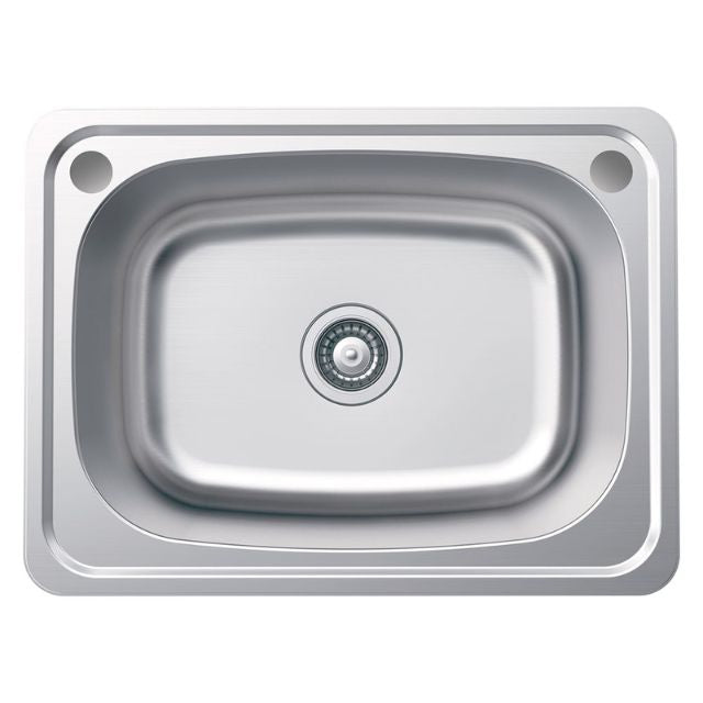 Fienza Tiva stainless steel topmount laundry sink, single bowl with 2 tapholes and waste strainer, top view