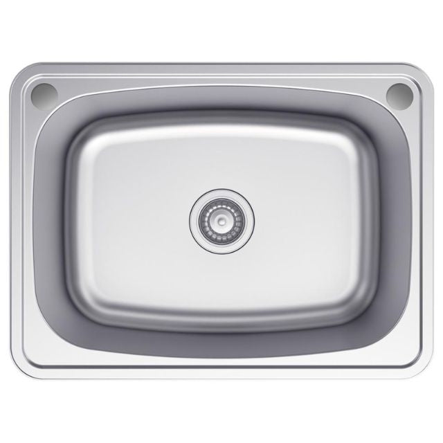 Fienza Tiva topmount laundry sink, single bowl stainless steel, top view with centre waste and two tap holes