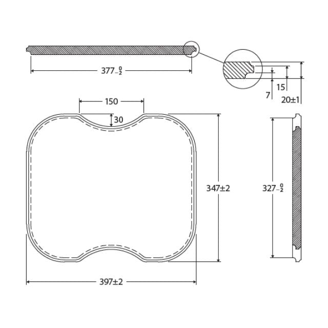 Technical drawing of Fienza Tiva oak sink chopping board, showing 397 x 347mm dimensions and profile details