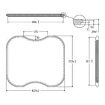 Technical drawing of Fienza Tiva oak sink chopping board, showing dimensions and contoured cut-out profile