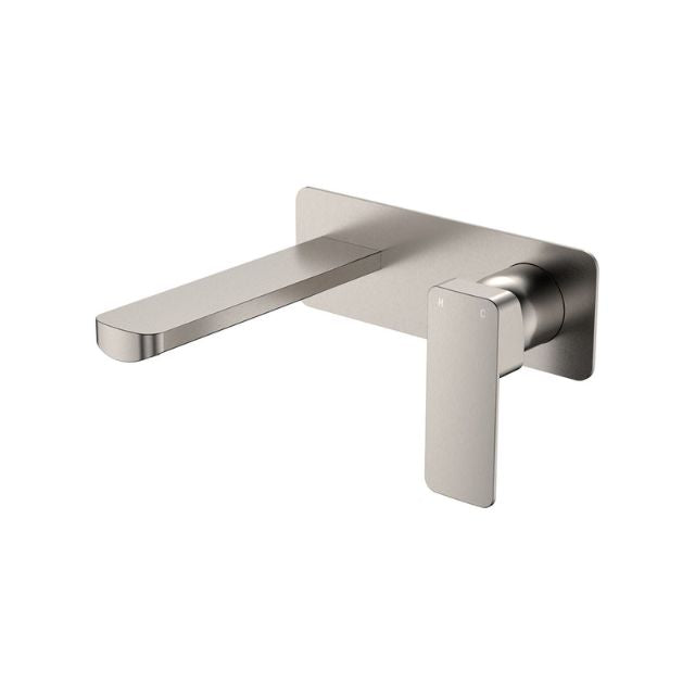 Fienza Tono wall basin/bath mixer set in brushed nickel, with rectangular backplate and slim spout, wall mounted