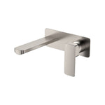 Fienza Tono wall basin/bath mixer set in brushed nickel, with rectangular backplate and slim spout, wall mounted