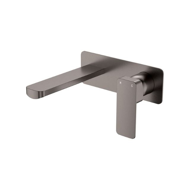 Fienza Tono wall basin/bath mixer set in gun metal with large rectangular plate and 160mm outlet, side view