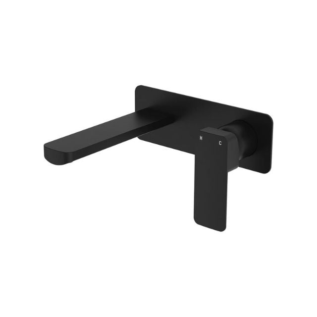 Fienza Tono matte black wall basin/bath mixer set with large rectangular plate and 160mm outlet