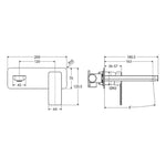 Fienza Tono matte black wall basin/bath mixer set technical drawing with dimensions and side/front views