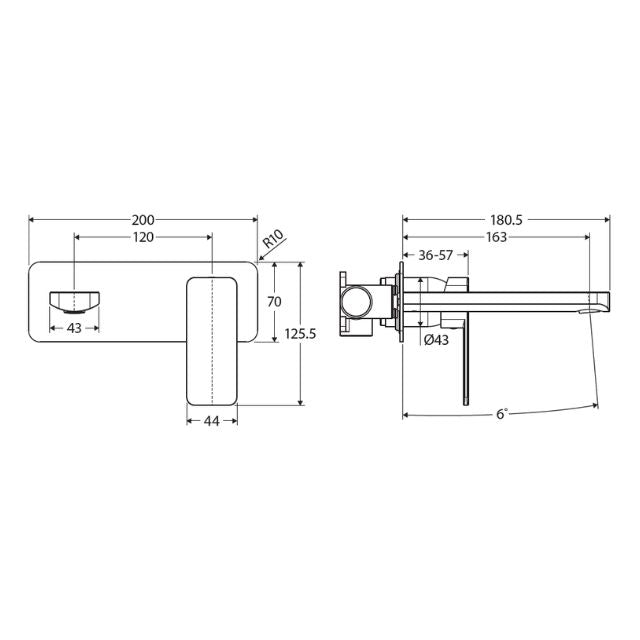 Fienza Tono matte black wall basin/bath mixer set technical drawing with dimensions and side/front views