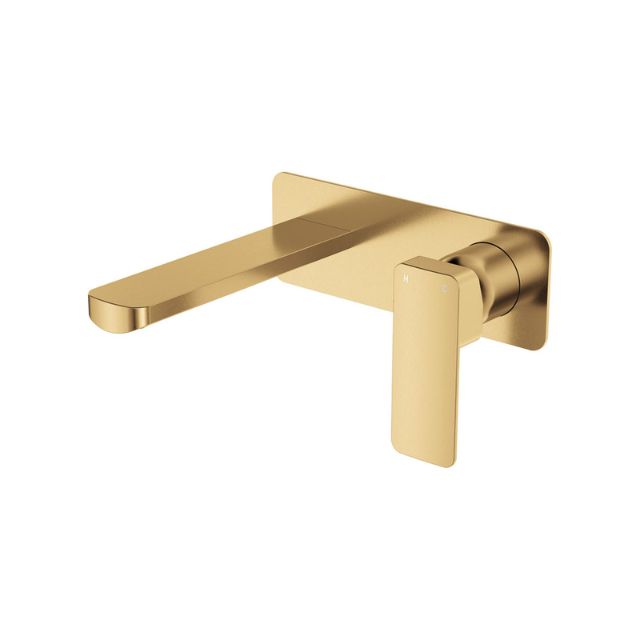 Fienza Tono wall basin/bath mixer set in Urban Brass with large rectangular plate and 160mm outlet