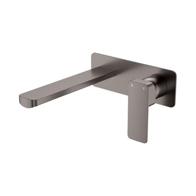 Fienza Tono gunmetal wall basin/bath mixer set with large rectangular plate and 200mm outlet, side view