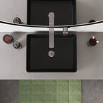 Fienza Tono gun metal wall basin/bath mixer set with 200mm outlet and rectangular plate above a black basin and mirror