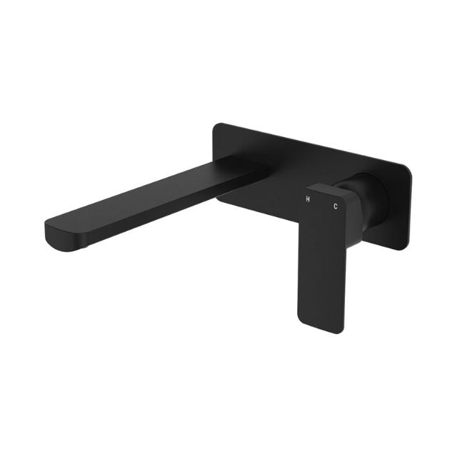 Fienza Tono matte black wall basin/bath mixer set with rectangular plate and 200mm spout