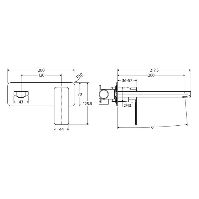 Fienza Tono matte black wall basin/bath mixer set technical drawing, rectangular plate, 200mm outlet, dimensions shown