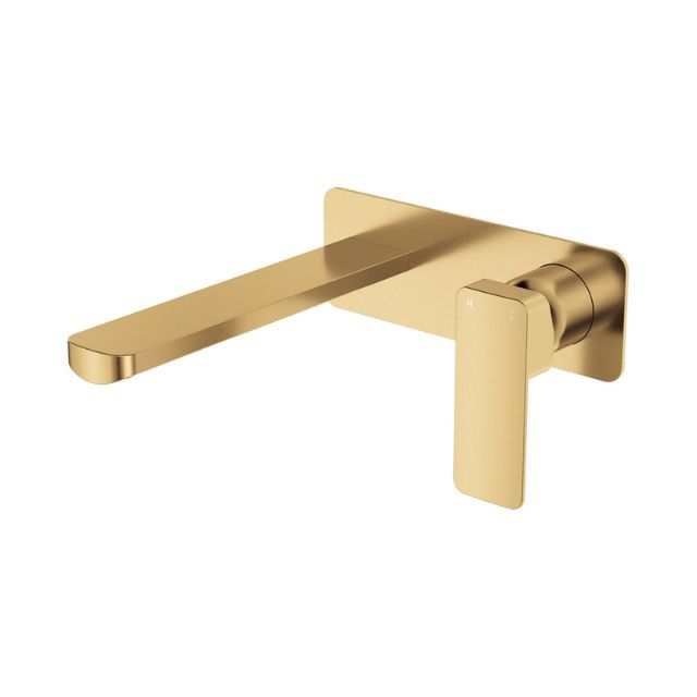 Fienza Tono wall basin/bath mixer set in Urban Brass with large rectangular plate and 200mm spout