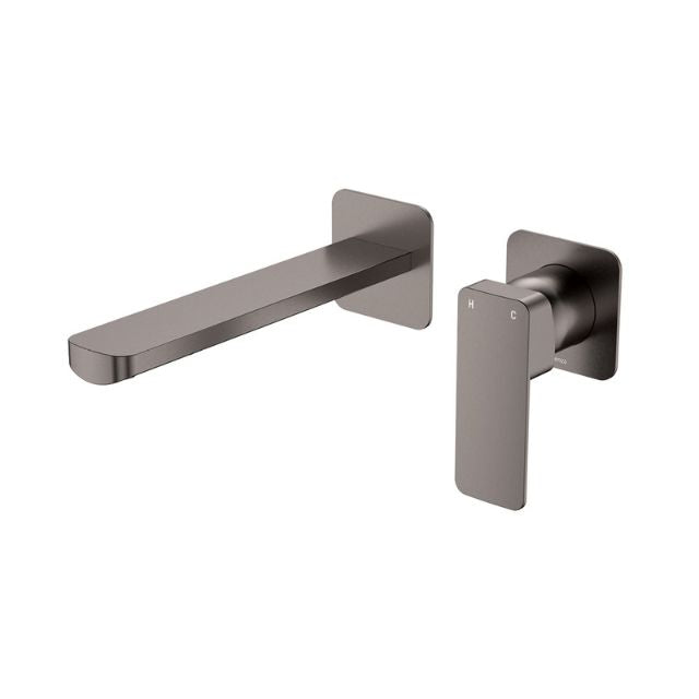 Fienza Tono wall basin/bath mixer set in gunmetal with 200mm outlet and small square plates on white background