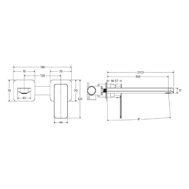 Technical drawing of Fienza Tono wall basin/bath mixer set in gun metal, showing 200mm outlet and small square plates with measurements.