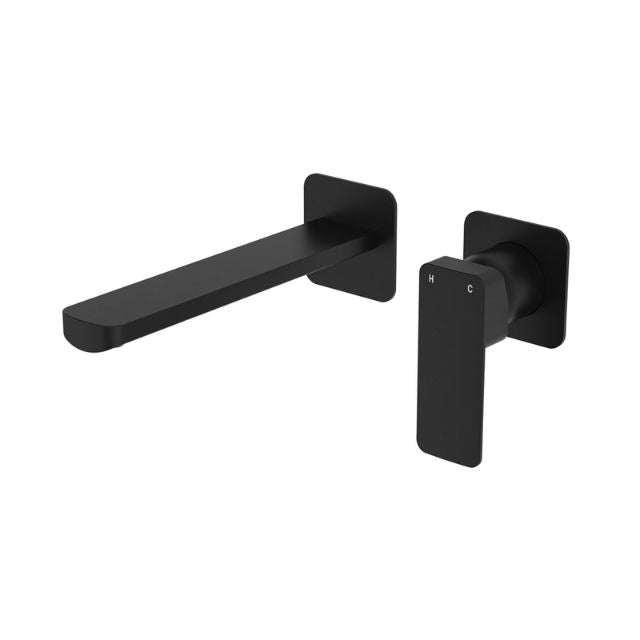 Fienza Tono matte black wall basin/bath mixer set with 200mm outlet and small square plates, shown front on