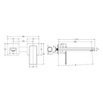 Technical drawing of Fienza Tono wall basin/bath mixer set, small square plates, 200mm outlet, Urban Brass with dimensions.