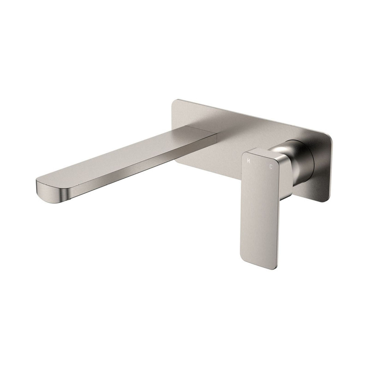 Fienza Tono wall basin/bath mixer set in brushed nickel with large rectangular plate and 200mm outlet, wall mounted