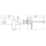 Technical drawing of Fienza Tono wall basin/bath mixer set with large rectangular plate and 200mm outlet, dimensions marked
