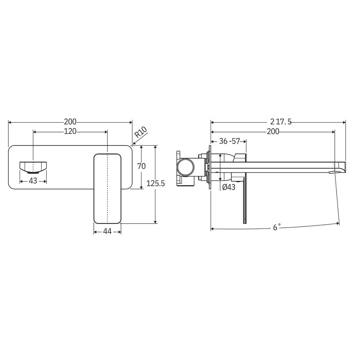 Technical drawing of Fienza Tono wall basin/bath mixer set with large rectangular plate and 200mm outlet, dimensions marked