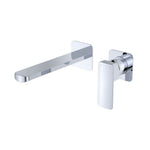 Fienza Tono wall basin/bath mixer set in chrome with small square plates and 200mm outlet, wall-mounted view