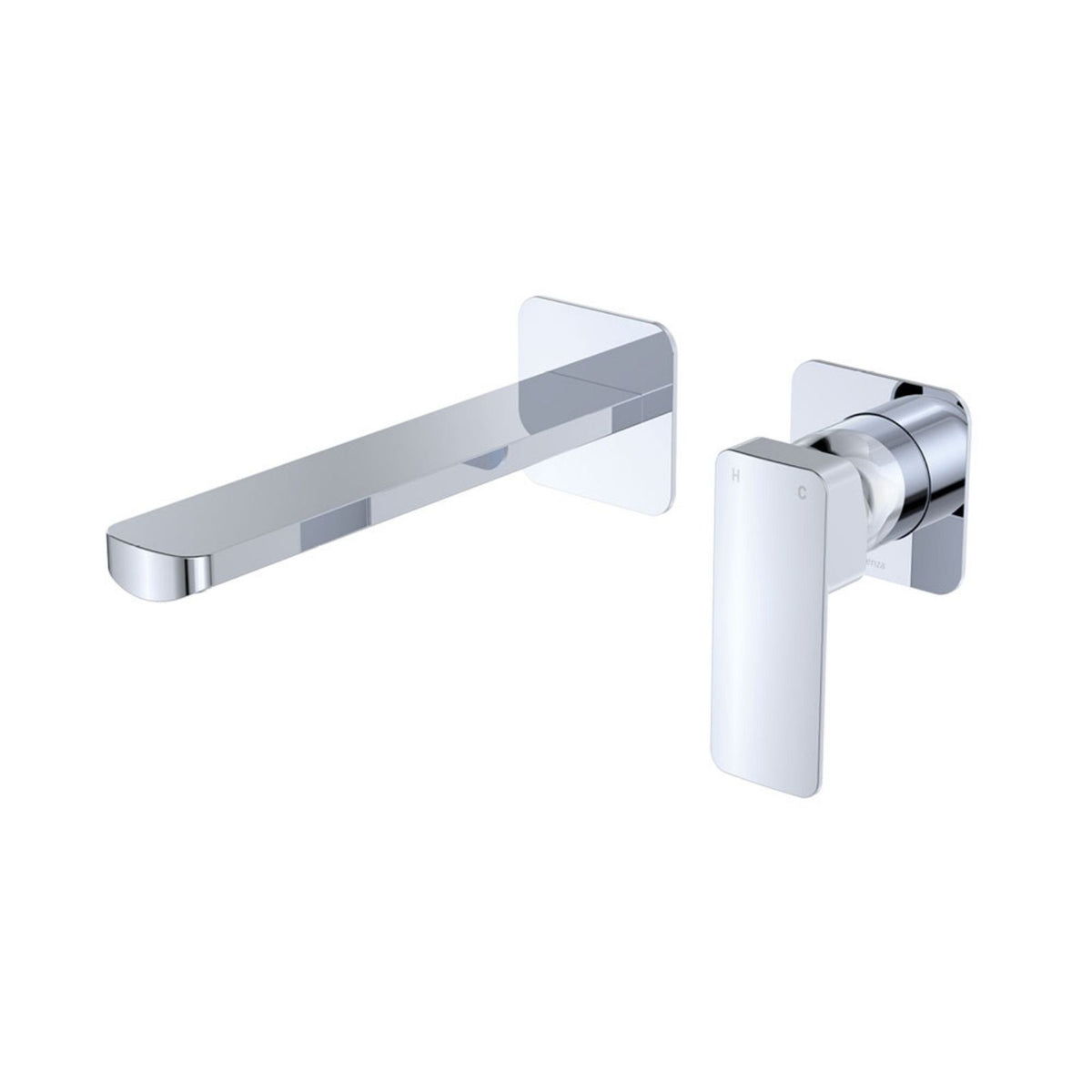 Fienza Tono wall basin/bath mixer set in chrome with small square plates and 200mm outlet, wall-mounted view