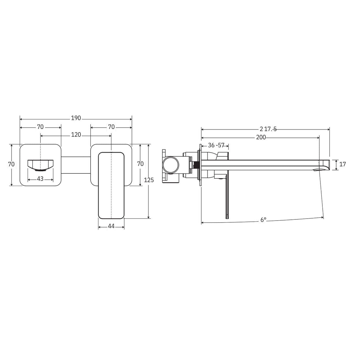 Technical drawing of Fienza Tono chrome wall basin/bath mixer set with 200mm outlet and square plates, showing dimensions