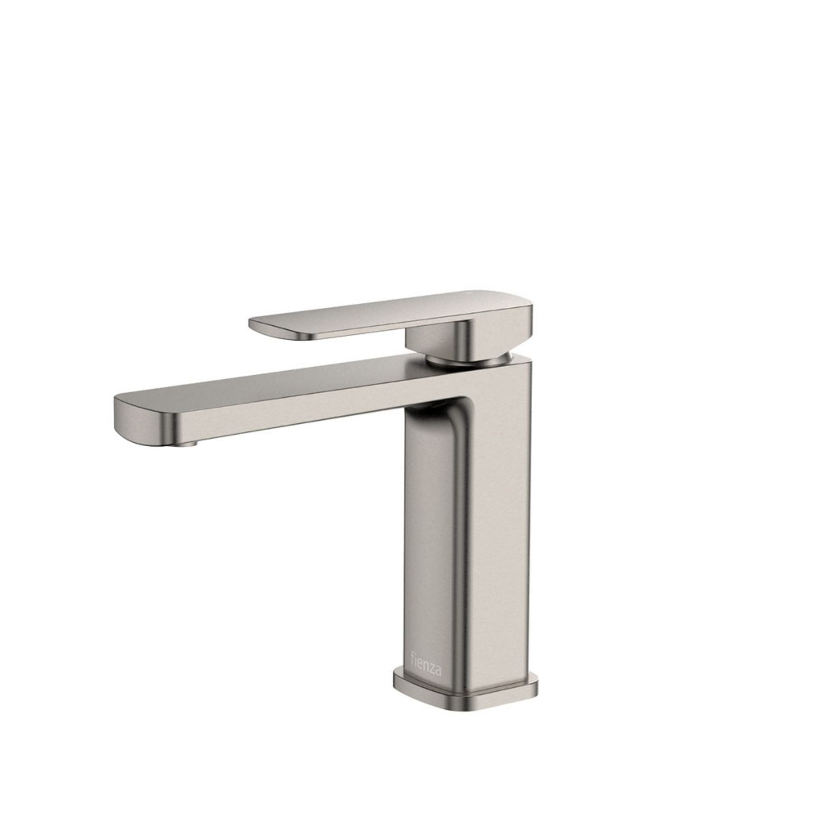 Fienza Tono basin mixer in brushed nickel, modern square-profile tap on white background