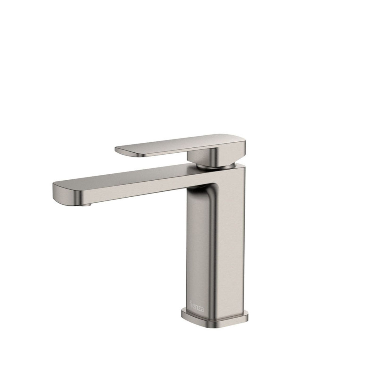 Fienza Tono basin mixer in brushed nickel, modern square-profile tap on white background