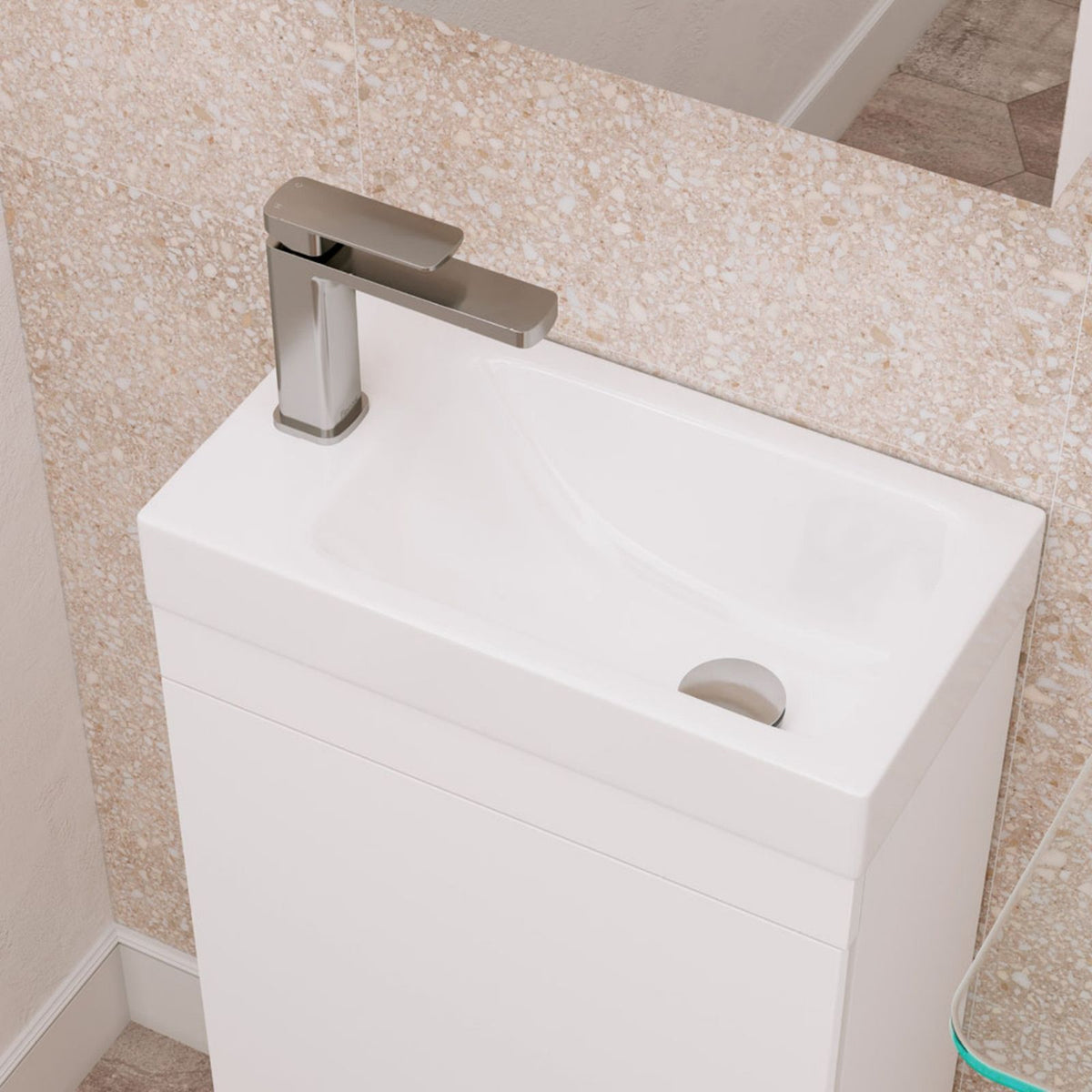 Fienza Tono brushed nickel basin mixer on white vanity, hob mounted with square spout and single lever handle