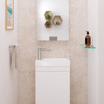 Fienza Tono brushed nickel basin mixer on a white vanity in a modern bathroom vanity setting