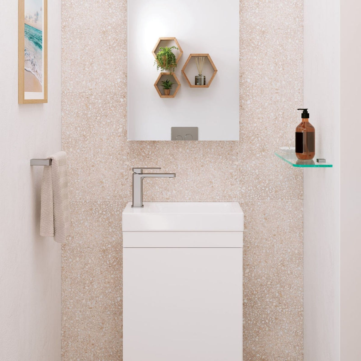 Fienza Tono brushed nickel basin mixer on a white vanity in a modern bathroom vanity setting