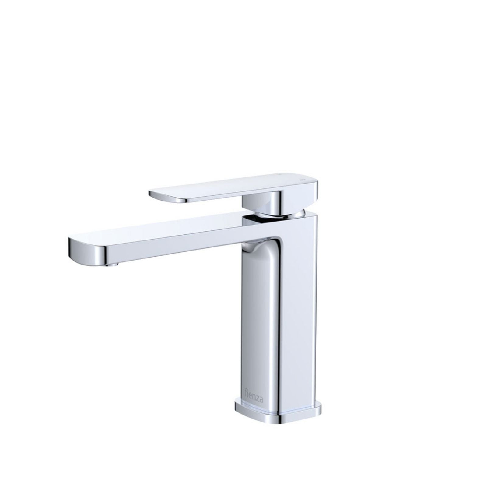 Fienza Tono basin mixer in chrome, single lever tap with square lines and curved spout on white background