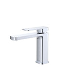 Fienza Tono basin mixer in chrome, single lever tap with square lines and curved spout on white background