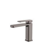 Fienza Tono basin mixer in gun metal, modern square design, single lever tap on white background
