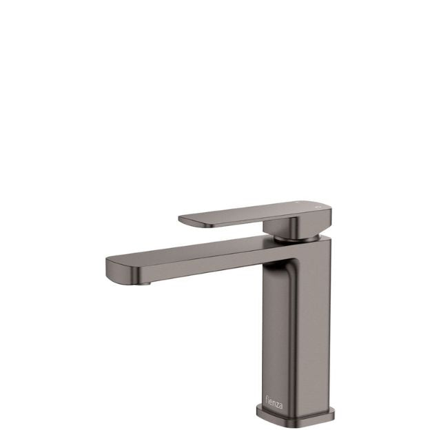 Fienza Tono basin mixer in gun metal, modern square design, single lever tap on white background