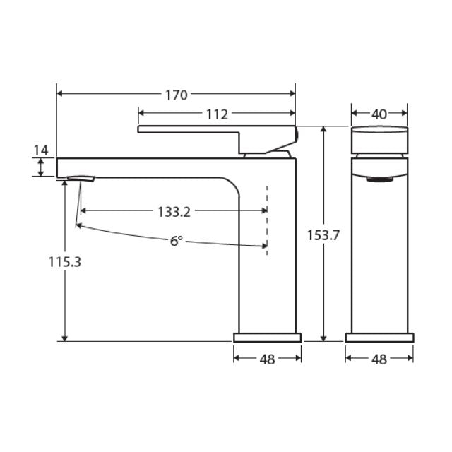 Technical drawing of a Fienza Tono basin mixer, showing gun metal tap dimensions and side/front views.