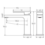 Fienza Tono basin mixer technical drawing in matte black, showing side and front views with dimensions marked.