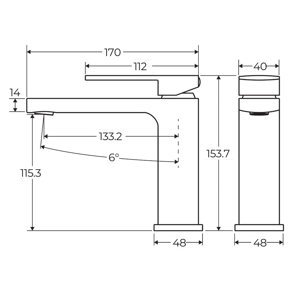 Fienza Tono basin mixer technical drawing in matte black, showing side and front views with dimensions marked.